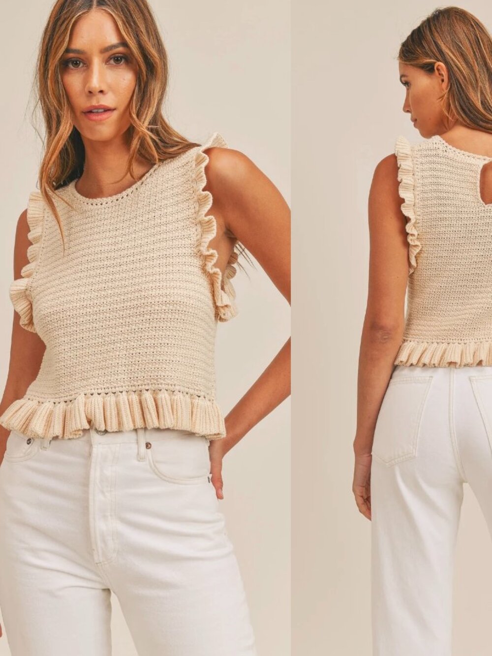 Mable Cream Ruffle Sleeveless Crew Neck Crochet Open Knit Top